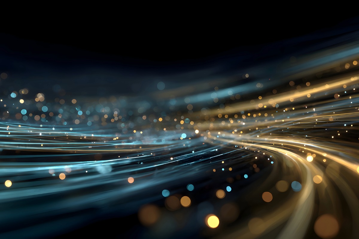 Dynamic streams of blue and gold digital light converging toward a horizon, representing the bridge between traditional finance (TradFi), decentralized finance (DeFi), and artificial intelligence in wealth management.