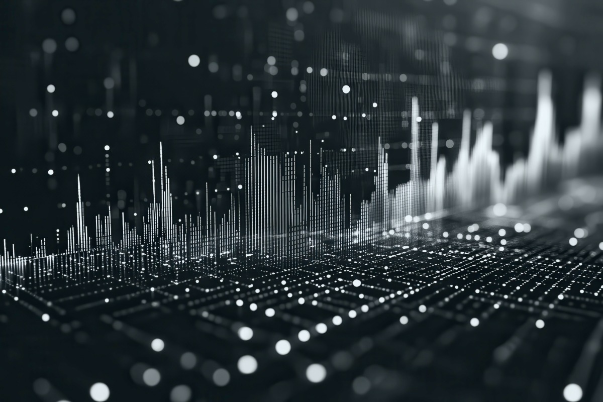 Digital bar chart skyline emerging from a futuristic data grid, blending finance and technology to illustrate expertise in wealth management, asset management, financial innovation, and AI-driven decision frameworks.