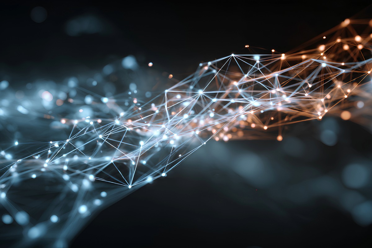 Abstract network of glowing nodes and lines in turquoise and gold, symbolizing blockchain, AI, digital ecosystems, and applied innovation in financial use cases bridging TradFi and DeFi.